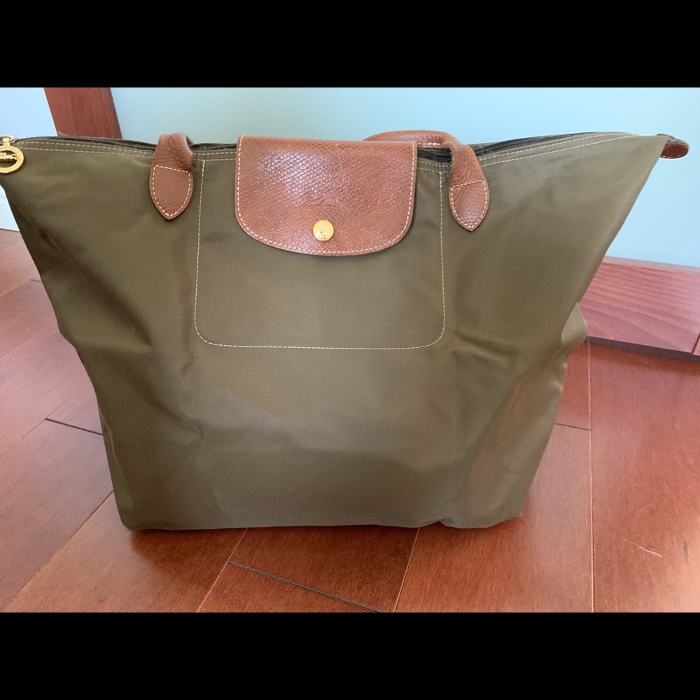 Longchamp Olive Green Tote with Brown Accents